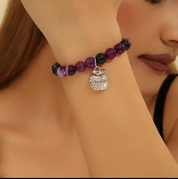 NEW! Natural Stone Beaded Bracelets w/ Rhinestone Apple 🍎 Charm ~ 🎄Teacher 🎁 - Picture 6 of 8